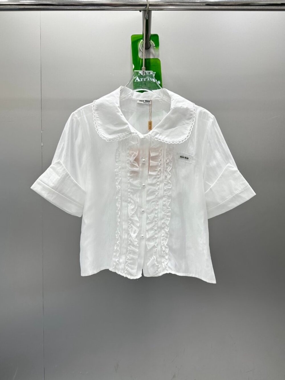 Miu Miu white wooden-ear doll-neck short-sleeved shirt